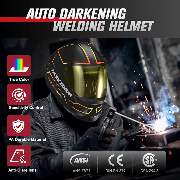 TASKZOOM Auto Darkening Welding Helmet, 1/1/1/1 True Color Large View Welding Hood, Blue Light UV/IR Protection, 4 Arc Sensors, Wide Shade 4/5-9/9-13 for TIG MIG Stick Cut Grind