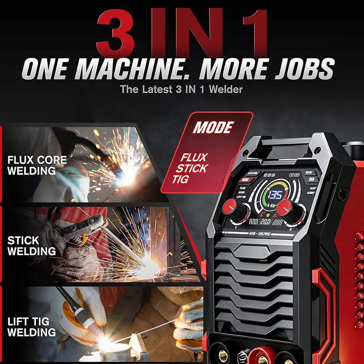 TASKZOOM 135A MIG Welder, 110V Flux Core Welder/Lift TIG/Stick 3 in 1 Welding Machine with Large LED Display, Synergic Control, Portable IGBT Inverter Welder for Beginner & DIY Use