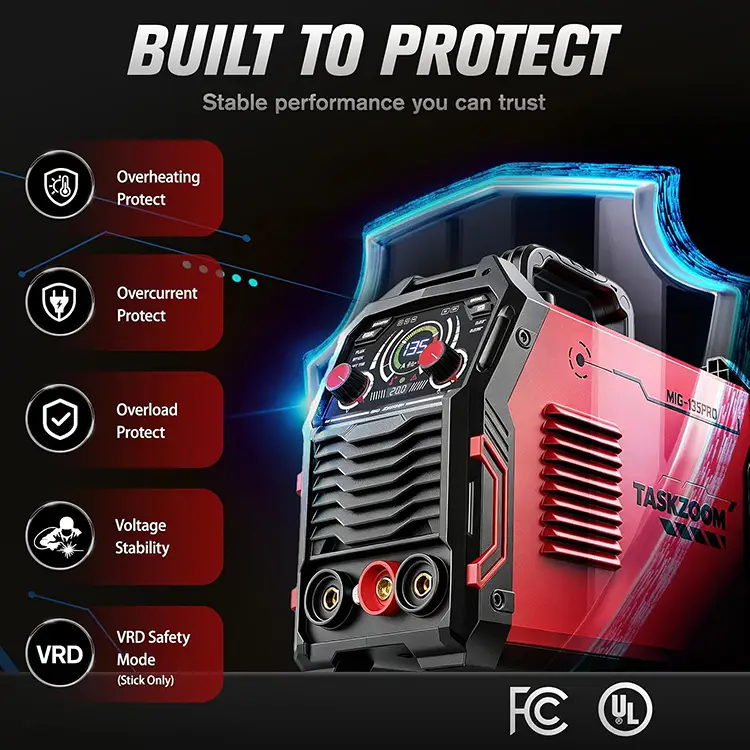 TASKZOOM 135A MIG Welder, 110V Flux Core Welder/Lift TIG/Stick 3 in 1 Welding Machine with Large LED Display, Synergic Control, Portable IGBT Inverter Welder for Beginner & DIY Use