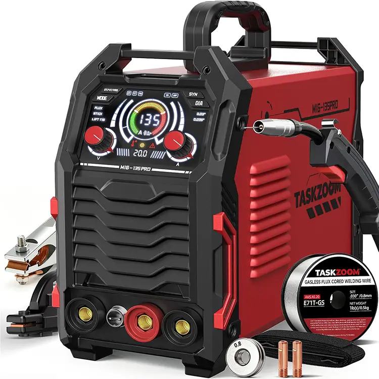 TASKZOOM 135A MIG Welder, 110V Flux Core Welder/Lift TIG/Stick 3 in 1 Welding Machine with Large LED Display, Synergic Control, Portable IGBT Inverter Welder for Beginner & DIY Use