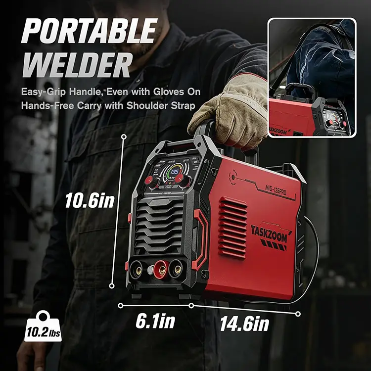 TASKZOOM 135A MIG Welder, 110V Flux Core Welder/Lift TIG/Stick 3 in 1 Welding Machine with Large LED Display, Synergic Control, Portable IGBT Inverter Welder for Beginner & DIY Use