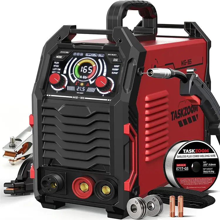 TASKZOOM 165A MIG Welder, 110V/220V Dual Voltage 4 in 1 Gas MIG / Flux Core MIG / Lift TIG / Stick Welder with Large LED Display, Portable IGBT Inverter Welding Machine, VRD, 2T/4T