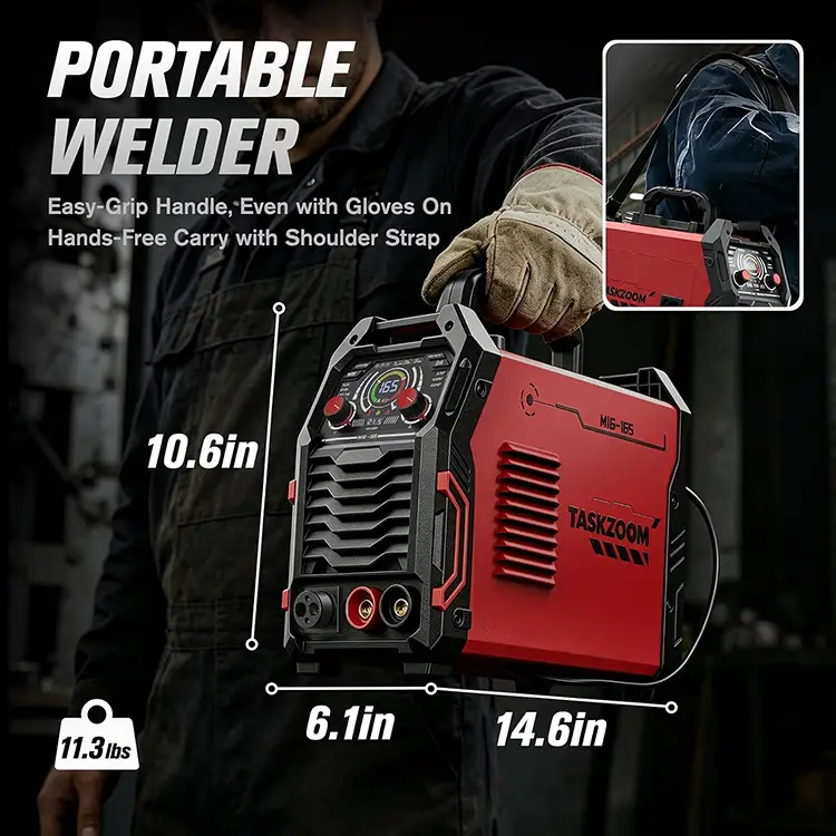 TASKZOOM 165A MIG Welder, 110V/220V Dual Voltage 4 in 1 Gas MIG / Flux Core MIG / Lift TIG / Stick Welder with Large LED Display, Portable IGBT Inverter Welding Machine, VRD, 2T/4T