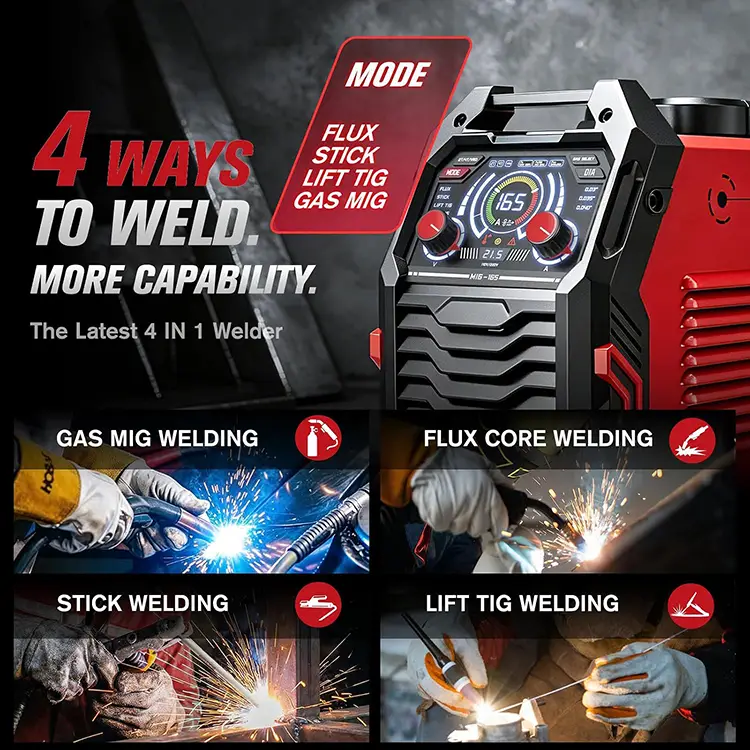 TASKZOOM 165A MIG Welder, 110V/220V Dual Voltage 4 in 1 Gas MIG / Flux Core MIG / Lift TIG / Stick Welder with Large LED Display, Portable IGBT Inverter Welding Machine, VRD, 2T/4T