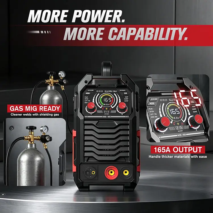 TASKZOOM 165A MIG Welder, 110V/220V Dual Voltage 4 in 1 Gas MIG / Flux Core MIG / Lift TIG / Stick Welder with Large LED Display, Portable IGBT Inverter Welding Machine, VRD, 2T/4T