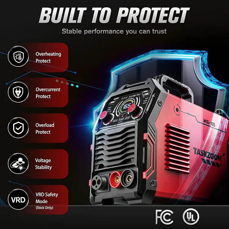 TASKZOOM 165A MIG Welder, 110V/220V Dual Voltage 4 in 1 Gas MIG / Flux Core MIG / Lift TIG / Stick Welder with Large LED Display, Portable IGBT Inverter Welding Machine, VRD, 2T/4T